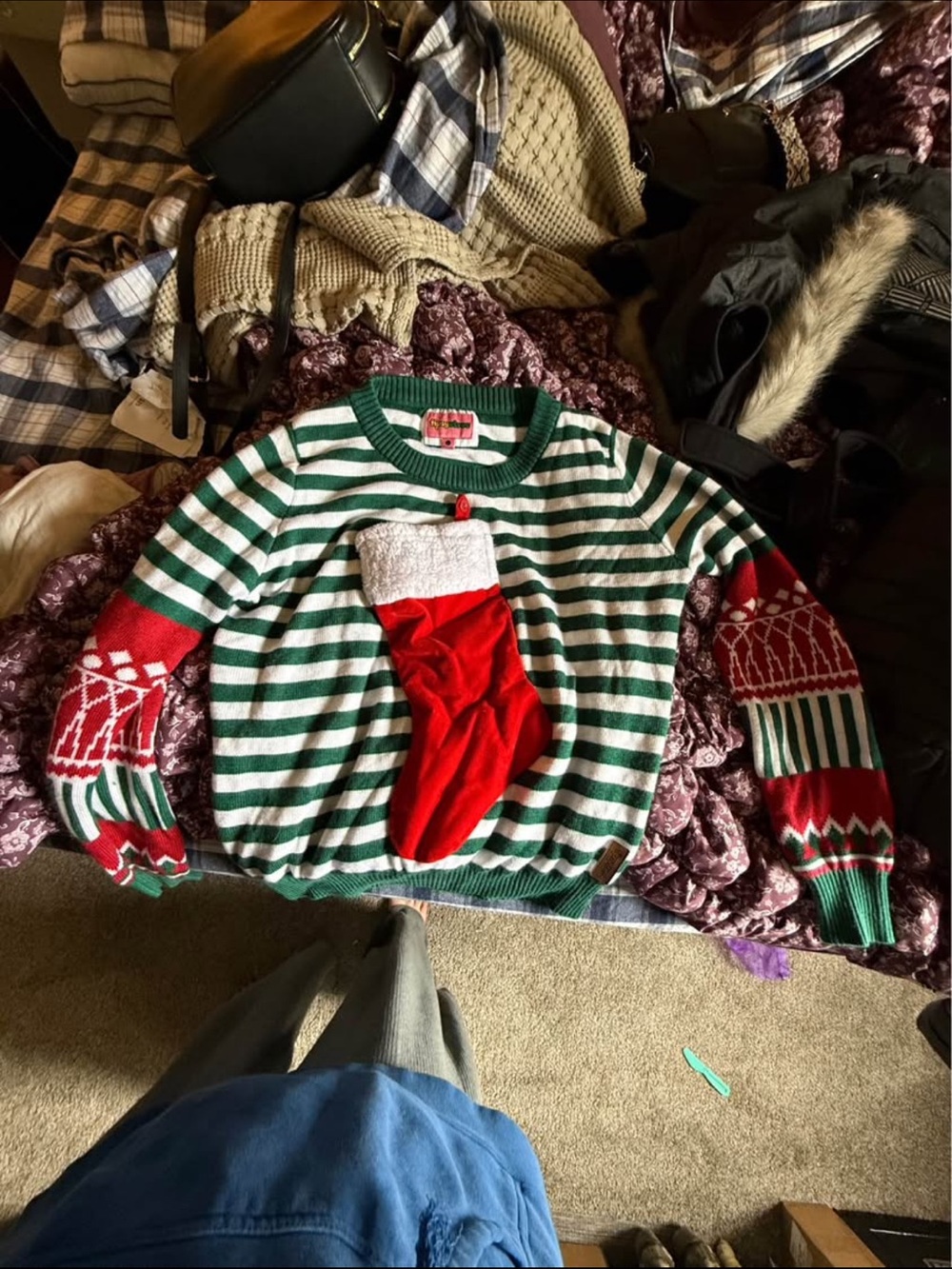 Festive Green & White Striped womens Christmas Sweater with Red Stocking Accent